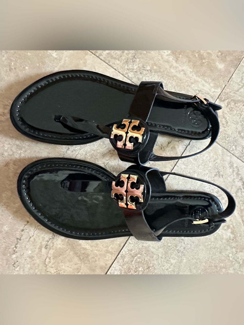 Tory Burch Black Patent Sandals with Gold Logo Medallion